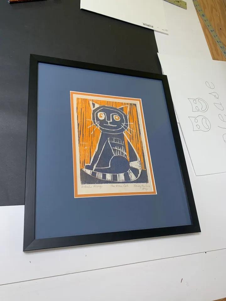Framed black cat woodcut print